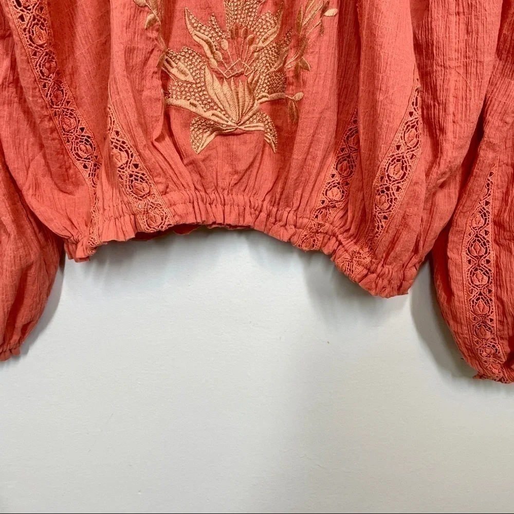 Free People Terra Cotta Maria Maria Top Ribbon Tie Gathered Waist Embroidery M